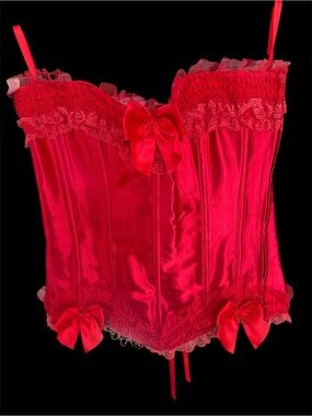 Red Satin Lace Strapless Corset Bustier with Bow Accents